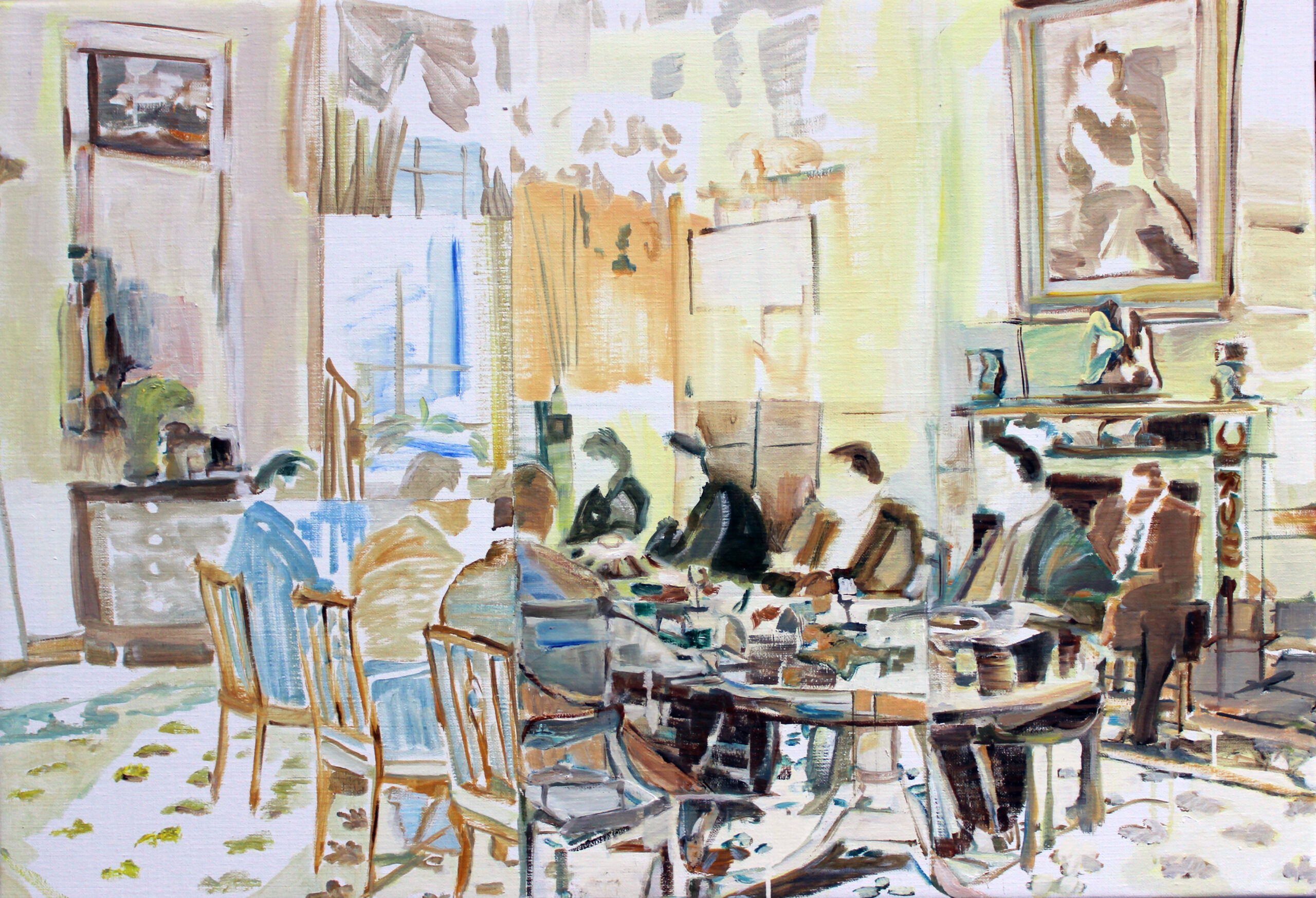 Dinnertalk 95x65 cm. olie på lærred